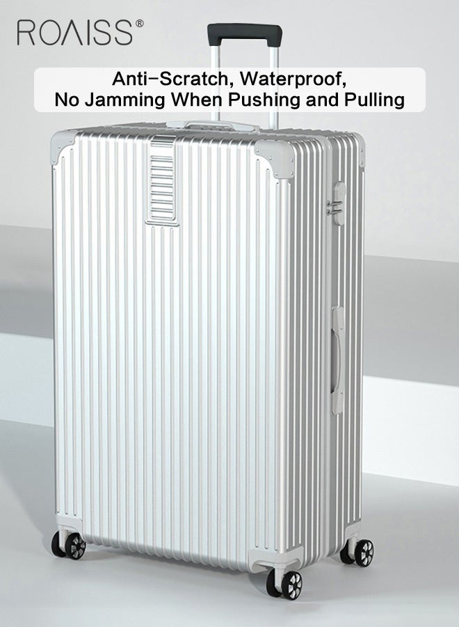 رويس حقيبة سفر بسيطة ذات سعة كبيرة وعجلات عالمية للجنسين، حقيبة سفر خفيفة الوزن مقاومة للتصادم، حقيبة سفر صلبة بكلمة مرور للسفر أو رحلة العمل، فضية - Image 2