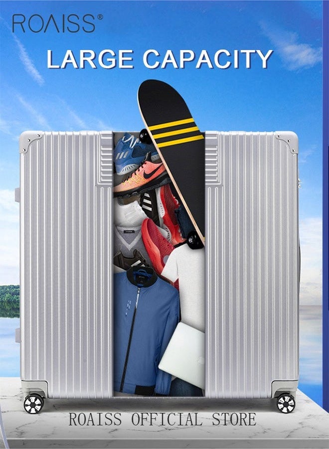رويس حقيبة سفر بسيطة ذات سعة كبيرة وعجلات عالمية للجنسين، حقيبة سفر خفيفة الوزن مقاومة للتصادم، حقيبة سفر صلبة بكلمة مرور للسفر أو رحلة العمل، فضية - Image 4