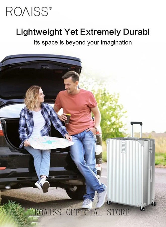 رويس حقيبة سفر بسيطة ذات سعة كبيرة وعجلات عالمية للجنسين، حقيبة سفر خفيفة الوزن مقاومة للتصادم، حقيبة سفر صلبة بكلمة مرور للسفر أو رحلة العمل، فضية - Image 5