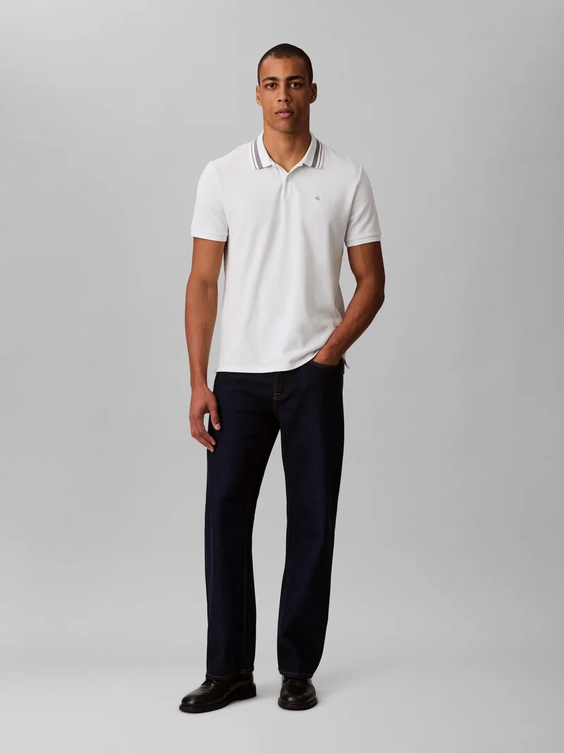 Calvin Klein Jeans Blanc De Blanc Monogram Logo Pique Tipped Classic Polo Shirt for Men | Best Price UAE