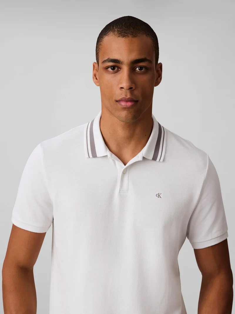 Calvin Klein Jeans Blanc De Blanc Monogram Logo Pique Tipped Classic Polo Shirt for Men | Best Price UAE