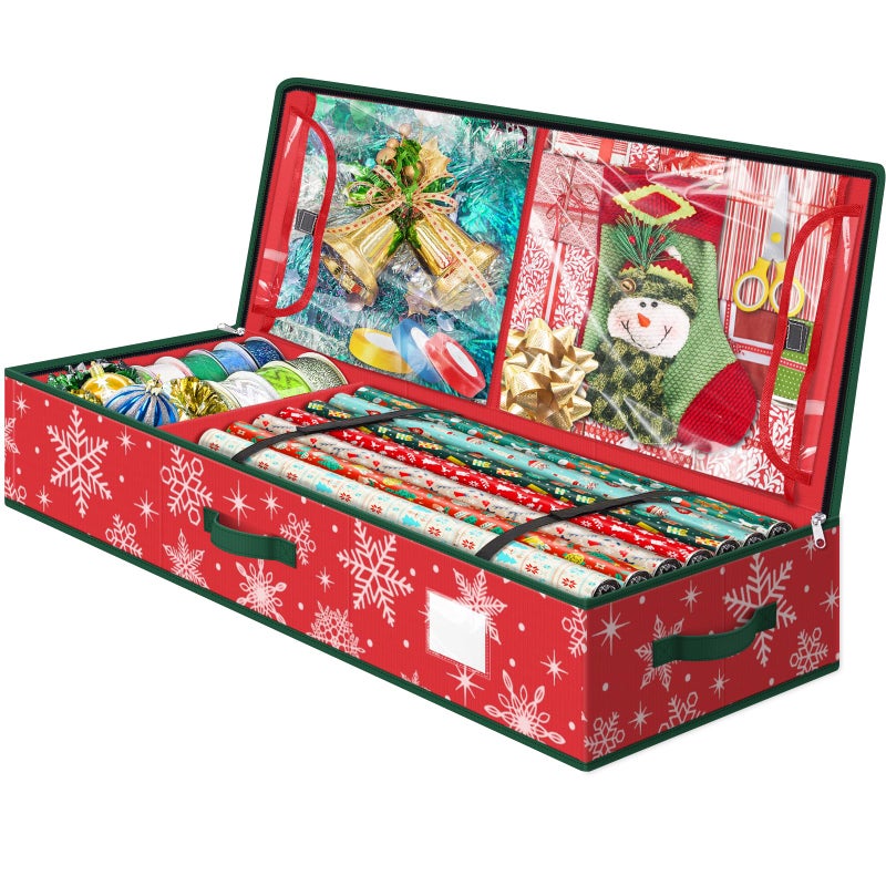 StorageRight Wrapping Paper Organizer Storage Container, Christmas Gift Wrapping Paper Storage Box for Paper Ornamentsï¼ŒPaper Storage Holder for Holiday Decoration Snowflake/Red - Image 1