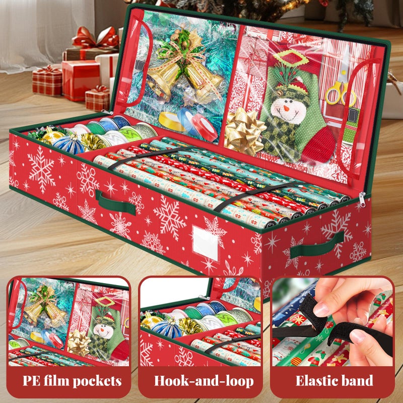 StorageRight Wrapping Paper Organizer Storage Container, Christmas Gift Wrapping Paper Storage Box for Paper Ornamentsï¼ŒPaper Storage Holder for Holiday Decoration Snowflake/Red - Image 3