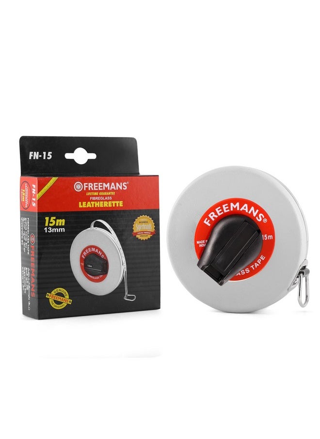 FREEMANS FREEMANS Leatherette 15m:13mm Fibreglass Measuring Tape - 15m/50ft || Case Reinforced with Stainless Steel Band || Durable Winding Mechanism Handle and Stainless Steel Mouth with End Hook  - Image 2