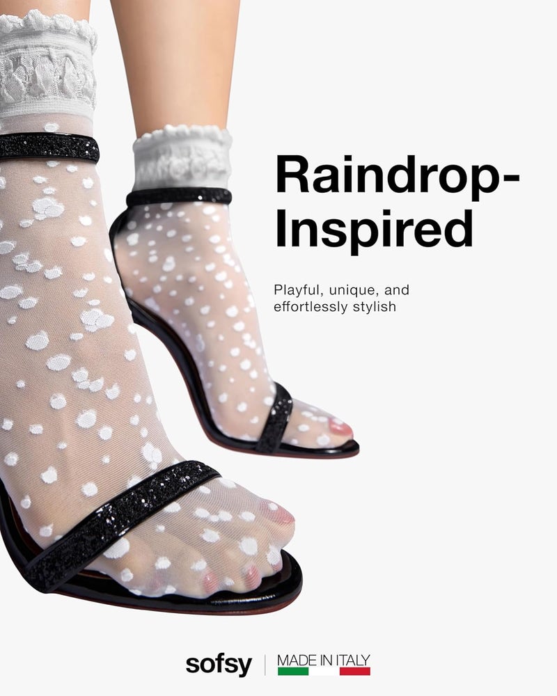 sofsy Italian Dotted Socks Collection (Ankle & Knee High) 20 Den Sheer Patterned Stockings with Ruffled Lace, Geometric Cuffs - Image 3