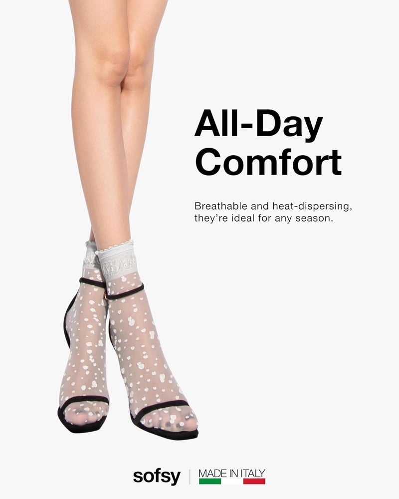 sofsy Italian Dotted Socks Collection (Ankle & Knee High) 20 Den Sheer Patterned Stockings with Ruffled Lace, Geometric Cuffs - Image 4