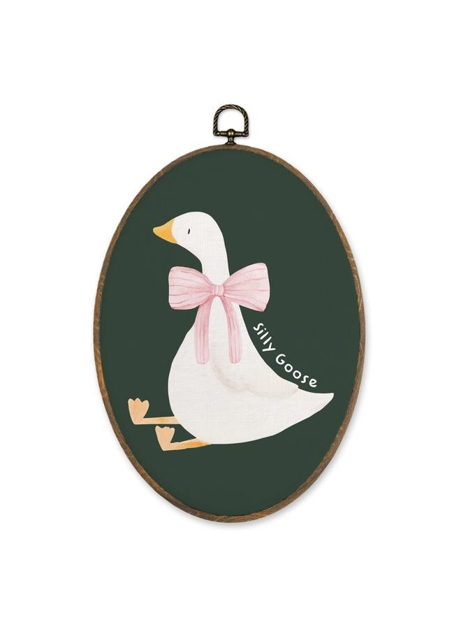LKETW Coquette Pink Bow Silly Goose Oval Wall Art Decor, Dark Green Goose Oval Canvas Hanging Decor, Preppy Farmhouse Animal Wall Decorations for Girly Room Bedroom Dorm Home, 8.6x11.4 Inch - Image 1