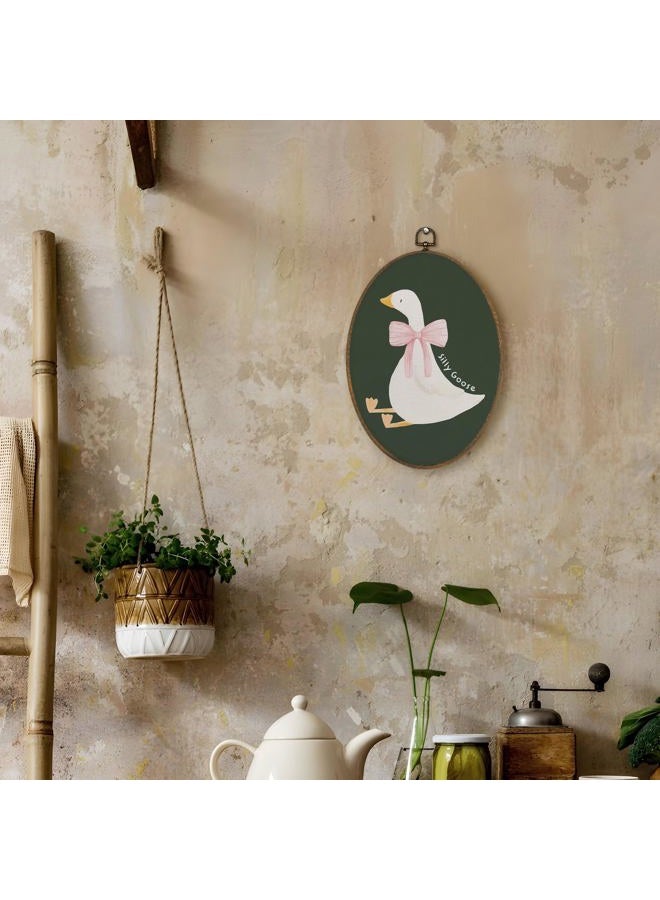 LKETW Coquette Pink Bow Silly Goose Oval Wall Art Decor, Dark Green Goose Oval Canvas Hanging Decor, Preppy Farmhouse Animal Wall Decorations for Girly Room Bedroom Dorm Home, 8.6x11.4 Inch - Image 3