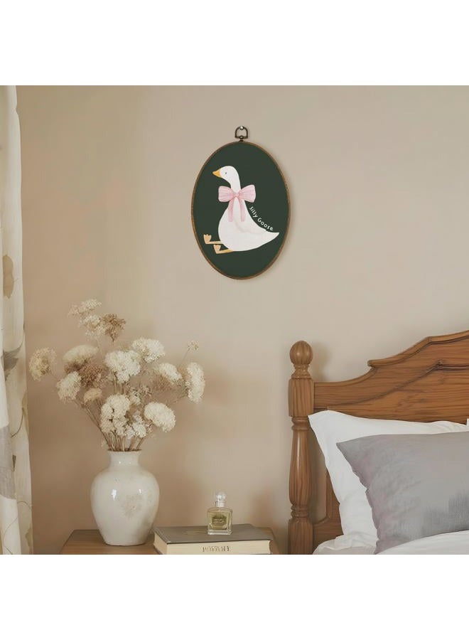 LKETW Coquette Pink Bow Silly Goose Oval Wall Art Decor, Dark Green Goose Oval Canvas Hanging Decor, Preppy Farmhouse Animal Wall Decorations for Girly Room Bedroom Dorm Home, 8.6x11.4 Inch - Image 4