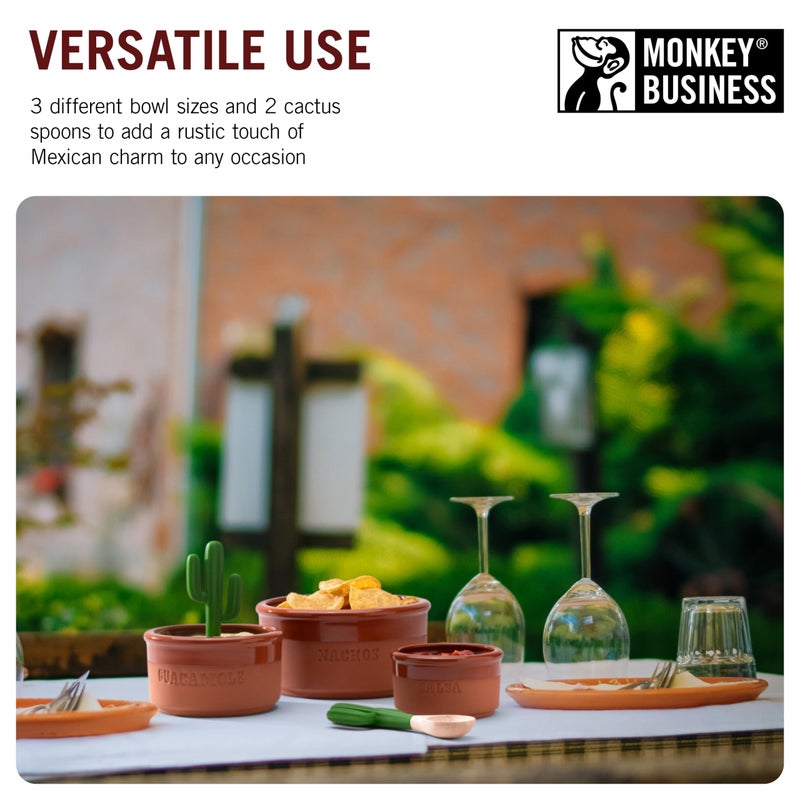 Monkey Business Bowlero Dipping Bowls Set  Terracotta Serving Bowls With 3 Dipping Sauce Bowls And 2 Dip Spoons  Decorative Mexican Serving Bowl Set For Guacamole Salsa BBQ Soy Sauce Mexican Dips - Image 3
