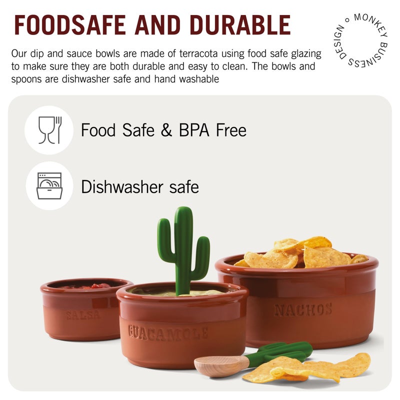 Monkey Business Bowlero Dipping Bowls Set  Terracotta Serving Bowls With 3 Dipping Sauce Bowls And 2 Dip Spoons  Decorative Mexican Serving Bowl Set For Guacamole Salsa BBQ Soy Sauce Mexican Dips - Image 5