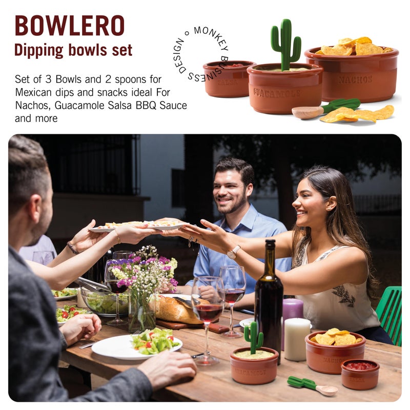 Monkey Business Bowlero Dipping Bowls Set  Terracotta Serving Bowls With 3 Dipping Sauce Bowls And 2 Dip Spoons  Decorative Mexican Serving Bowl Set For Guacamole Salsa BBQ Soy Sauce Mexican Dips - Image 2