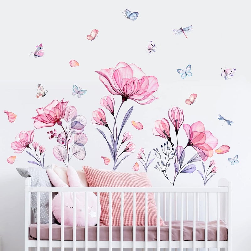 Prabahdak Pink Flowers Wall Decals Removable Butterflies Floral Flowerl Wall Stickers DIY Vinyl Self Adhesive Wall Mural for Nursery TV Background Kids Gilrs Rooms Bedroom Decoration - Image 1