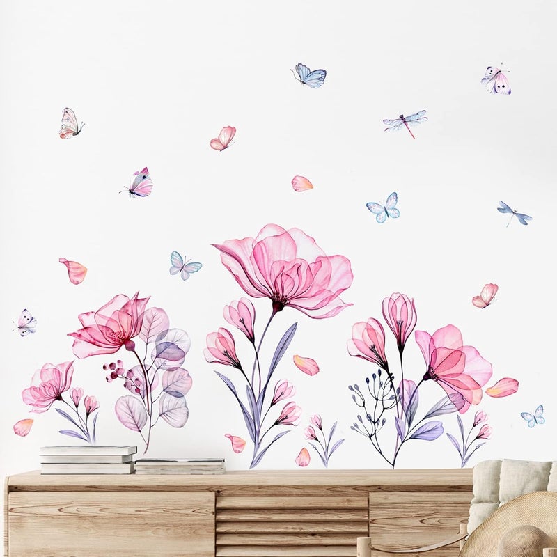 Prabahdak Pink Flowers Wall Decals Removable Butterflies Floral Flowerl Wall Stickers DIY Vinyl Self Adhesive Wall Mural for Nursery TV Background Kids Gilrs Rooms Bedroom Decoration - Image 5