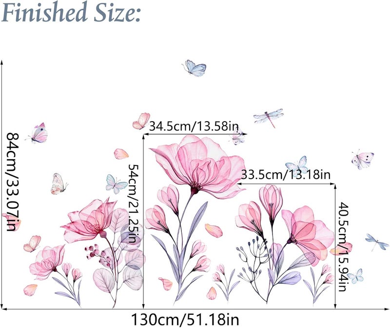 Prabahdak Pink Flowers Wall Decals Removable Butterflies Floral Flowerl Wall Stickers DIY Vinyl Self Adhesive Wall Mural for Nursery TV Background Kids Gilrs Rooms Bedroom Decoration - Image 2
