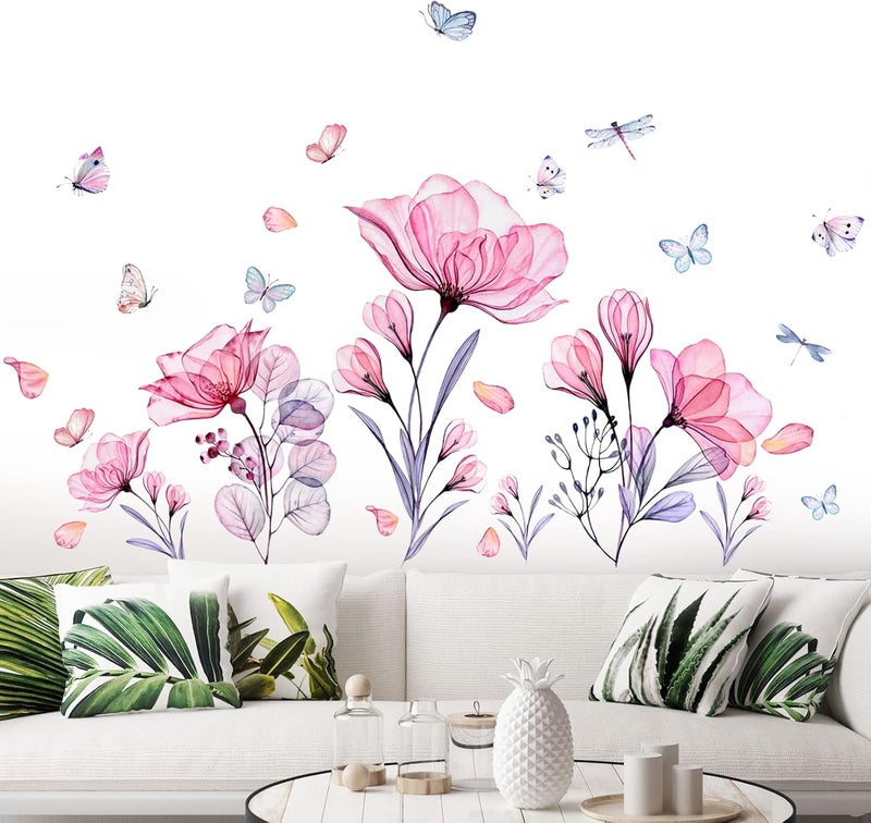 Prabahdak Pink Flowers Wall Decals Removable Butterflies Floral Flowerl Wall Stickers DIY Vinyl Self Adhesive Wall Mural for Nursery TV Background Kids Gilrs Rooms Bedroom Decoration - Image 3