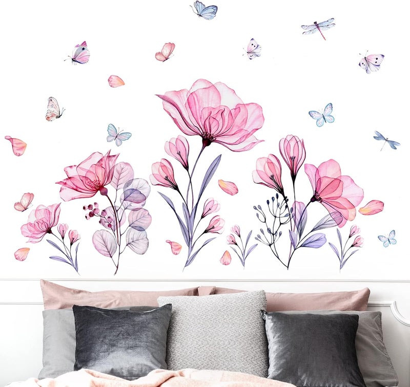 Prabahdak Pink Flowers Wall Decals Removable Butterflies Floral Flowerl Wall Stickers DIY Vinyl Self Adhesive Wall Mural for Nursery TV Background Kids Gilrs Rooms Bedroom Decoration - Image 4
