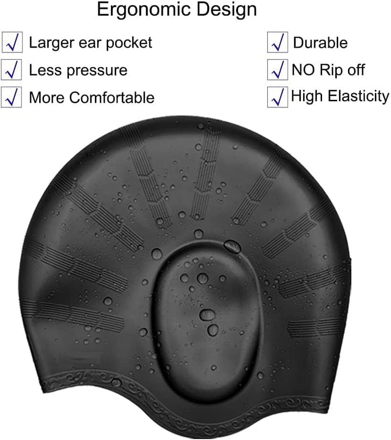 Tec Tavakkal ® قبعة سباحة طويلة الشعر مصممة حديثًا، قبعة سباحة سيليكون مقاومة للماء للنساء والرجال البالغين، تحافظ على نظافة الشعر مع واقي للأذن (أسود) - Image 2