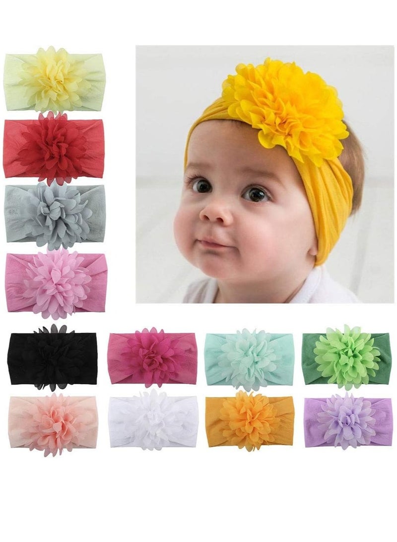 iMissiu 12 Pieces Baby Girl Floral Nylon Headbands, Chiffon Flower Elastic Nylon Hair Bands for Toddler Infants Newborn - Image 4