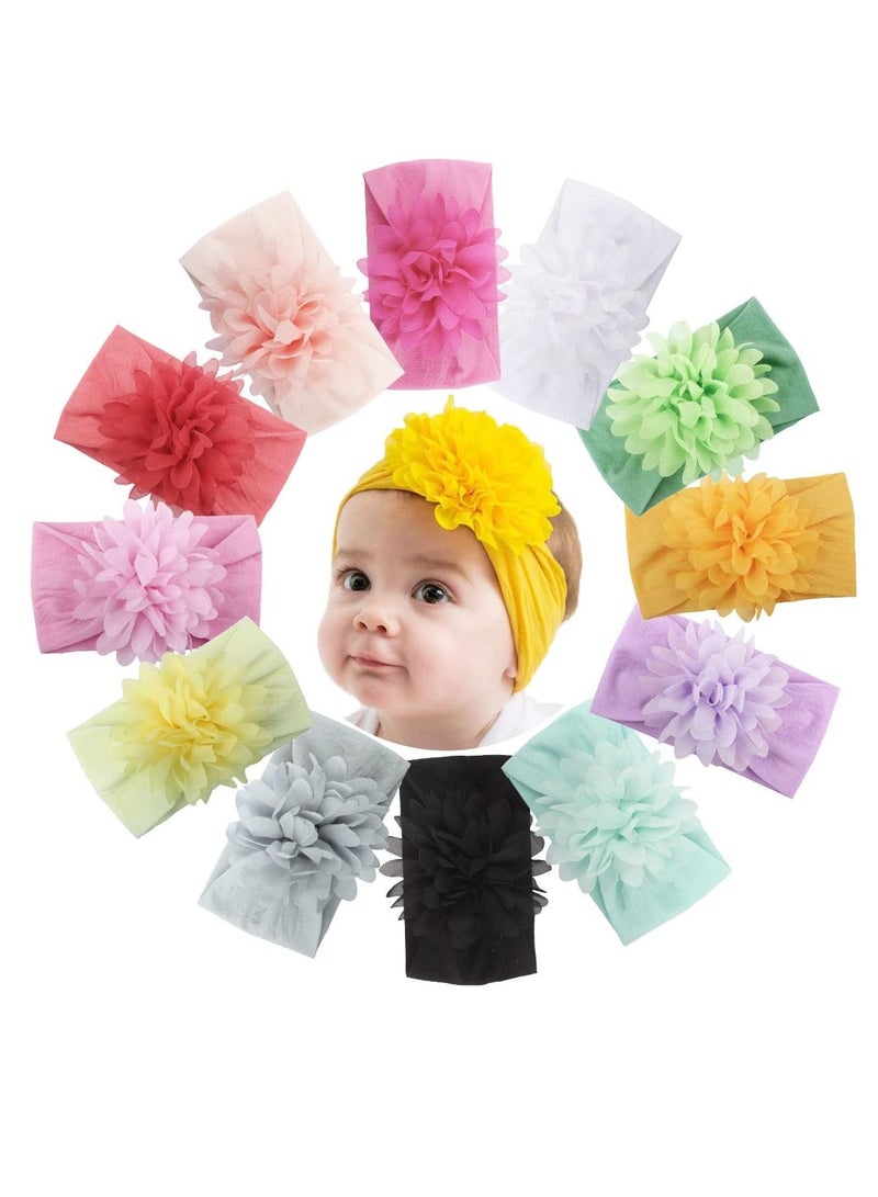 iMissiu 12 Pieces Baby Girl Floral Nylon Headbands, Chiffon Flower Elastic Nylon Hair Bands for Toddler Infants Newborn - Image 1
