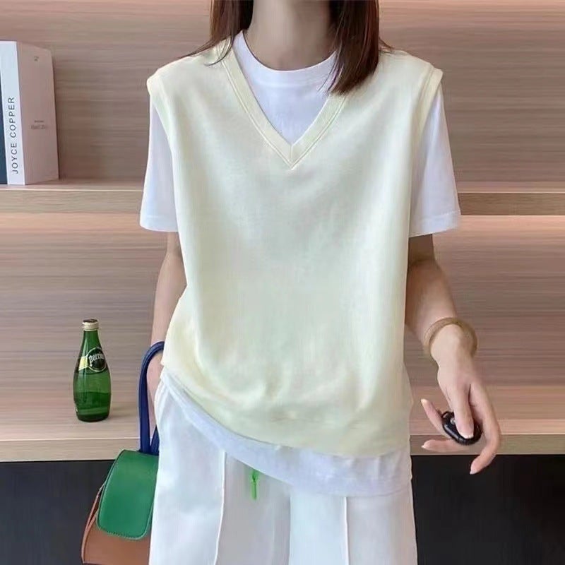 Fake Two-Piece Design Niche Short-Sleeved T-Shirt Women'S Loose Color Matching Top European Station Women'S Clothing - Image 1