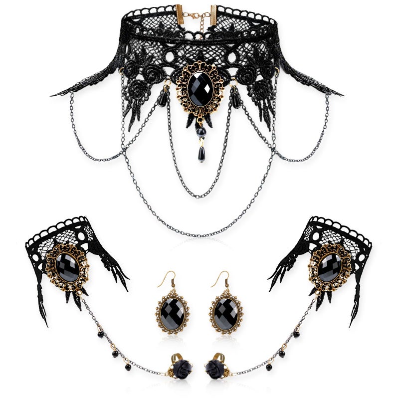 PinCute Gothic Vampire Accessories Choker Necklace Earrings Bracelets with Rings Jewelry Set 5 Pieces Halloween Steampunk Victorian Goth Witch Vampire Costume for Women Adjustable Length Black Lace Choker - Image 2