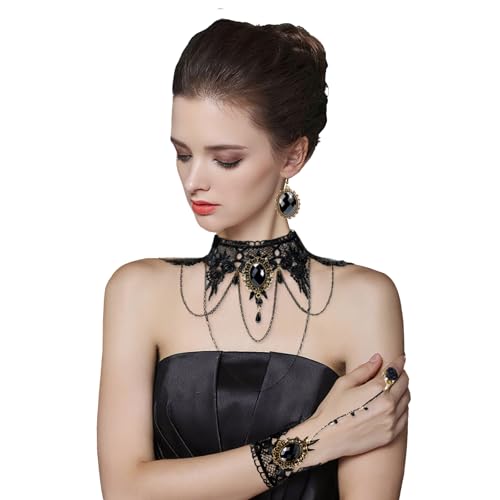 PinCute Gothic Vampire Accessories Choker Necklace Earrings Bracelets with Rings Jewelry Set 5 Pieces Halloween Steampunk Victorian Goth Witch Vampire Costume for Women Adjustable Length Black Lace Choker - Image 3