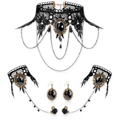 PinCute Gothic Vampire Accessories Choker Necklace Earrings Bracelets with Rings Jewelry Set 5 Pieces Halloween Steampunk Victorian Goth Witch Vampire Costume for Women Adjustable Length Black Lace Choker - Image 1