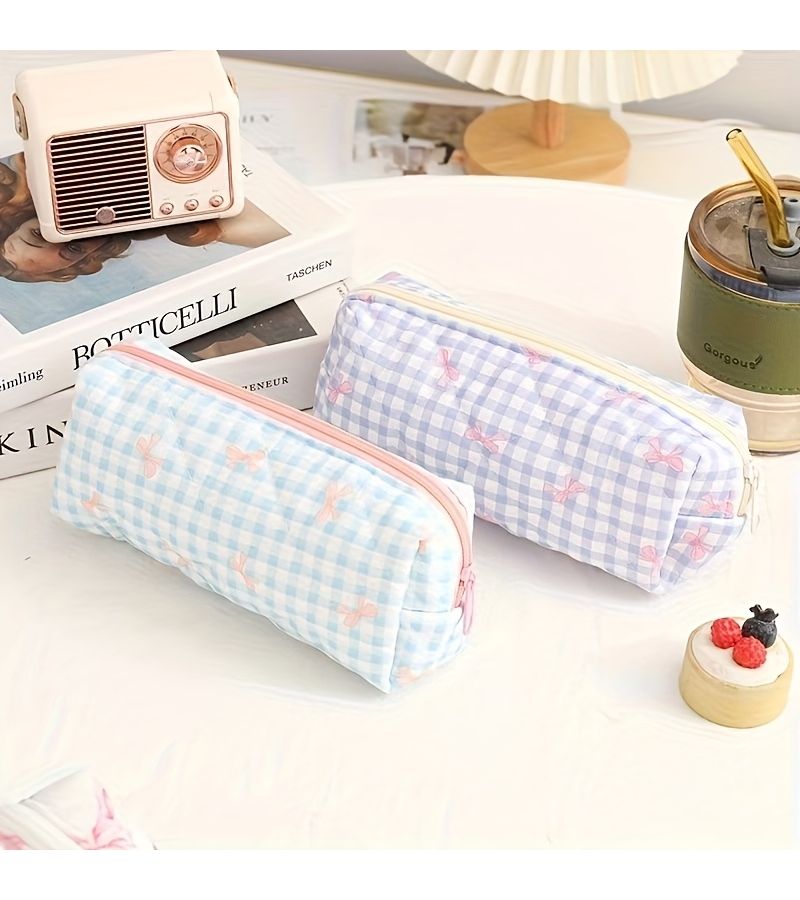 Green Plaid Multi Purpose Organizer Bag Pen Holder Makeup Pouch Coin Purse - Image 4