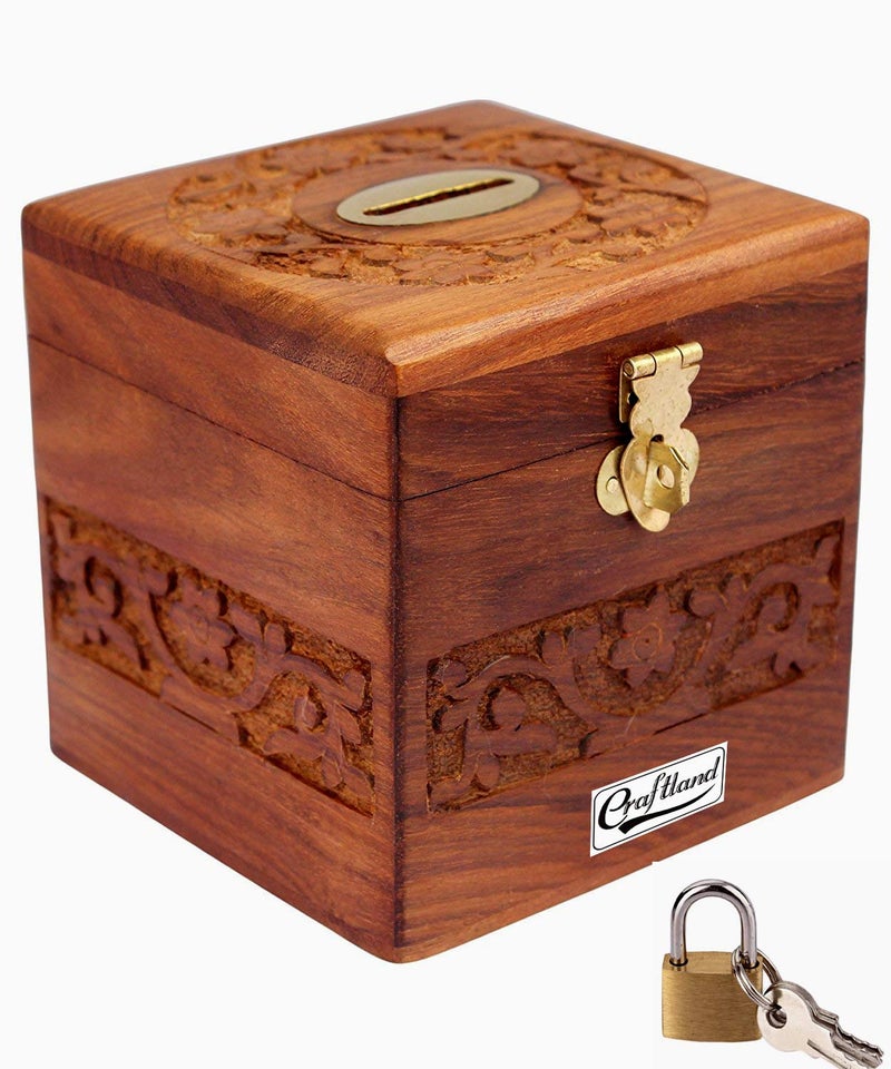 Craftland Wooden Money/Piggy Bank, Money Box, Coin Box with Carved Design for Kids/Children. with Lock - Image 1