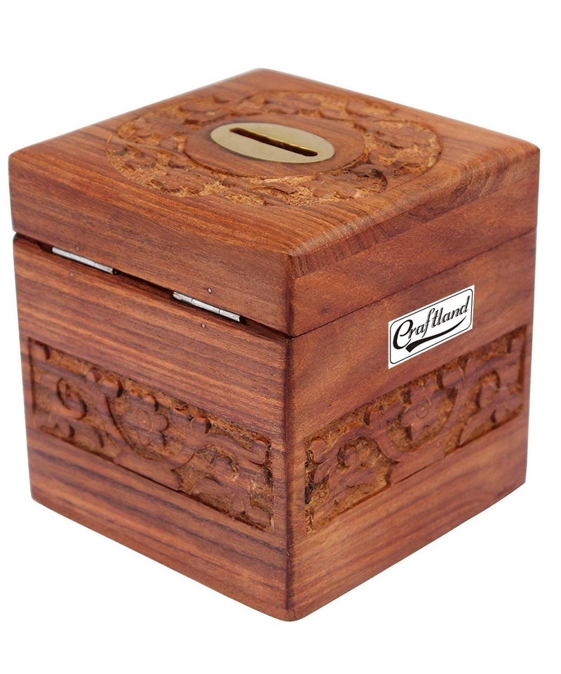 Craftland Wooden Money/Piggy Bank, Money Box, Coin Box with Carved Design for Kids/Children. with Lock - Image 2