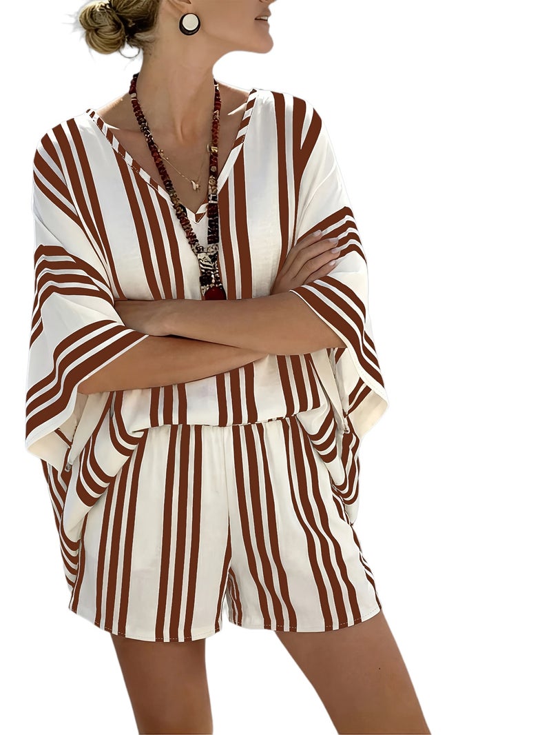 Random Print Random Trim V-Neck Vacation Style Elegant Casual Loose Top And Shorts Women's Set - Image 1