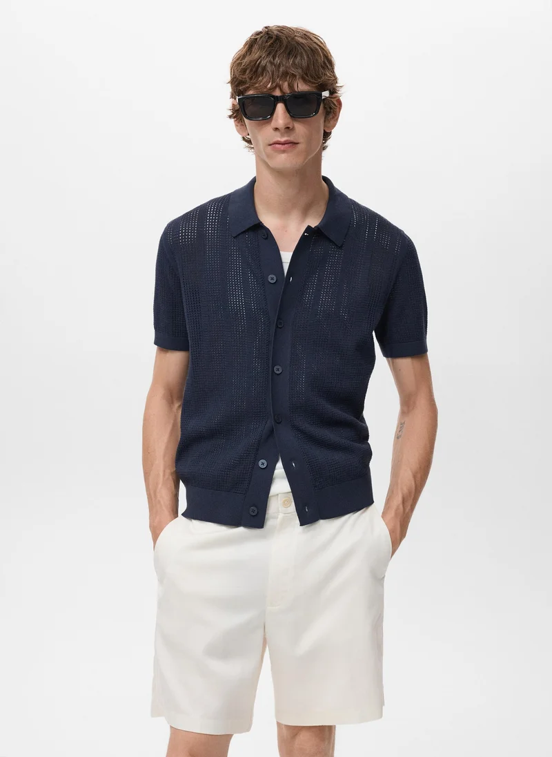 Mango Man Striped openwork knitted shirt