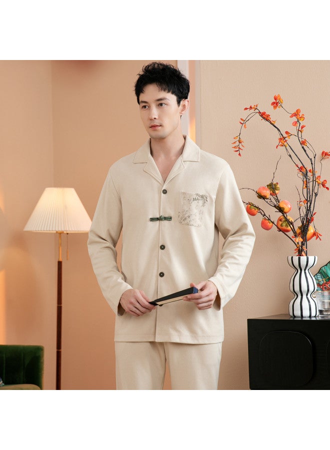 Fenton pure Cotton Lapel Bamboo Print Button-up Men's Long-sleeve Pajama Set - Image 4