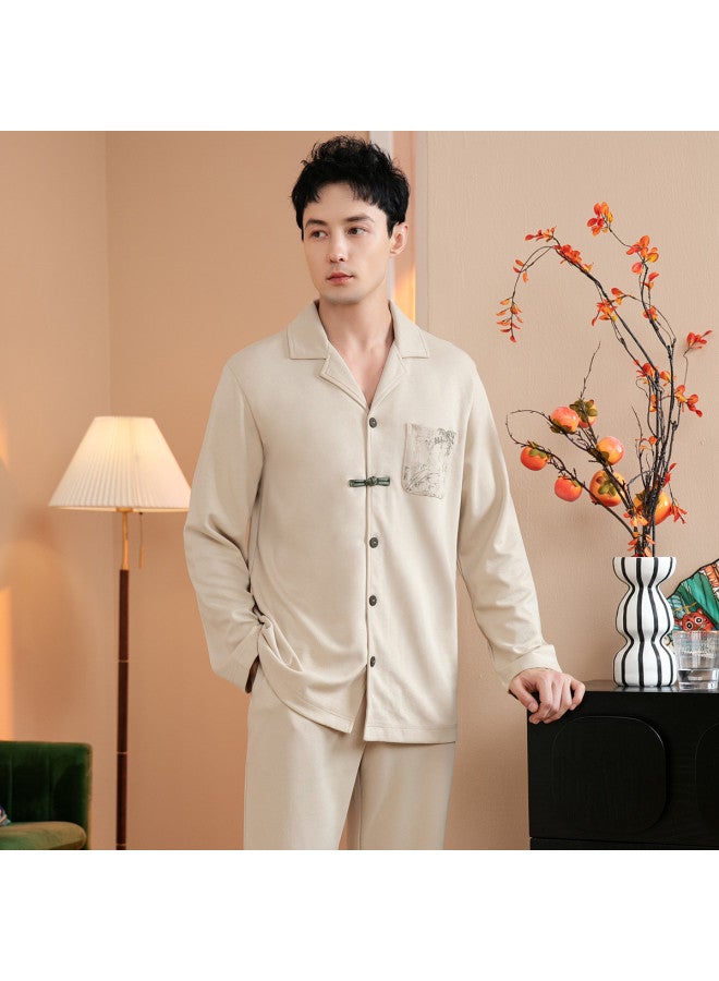 Fenton pure Cotton Lapel Bamboo Print Button-up Men's Long-sleeve Pajama Set - Image 5