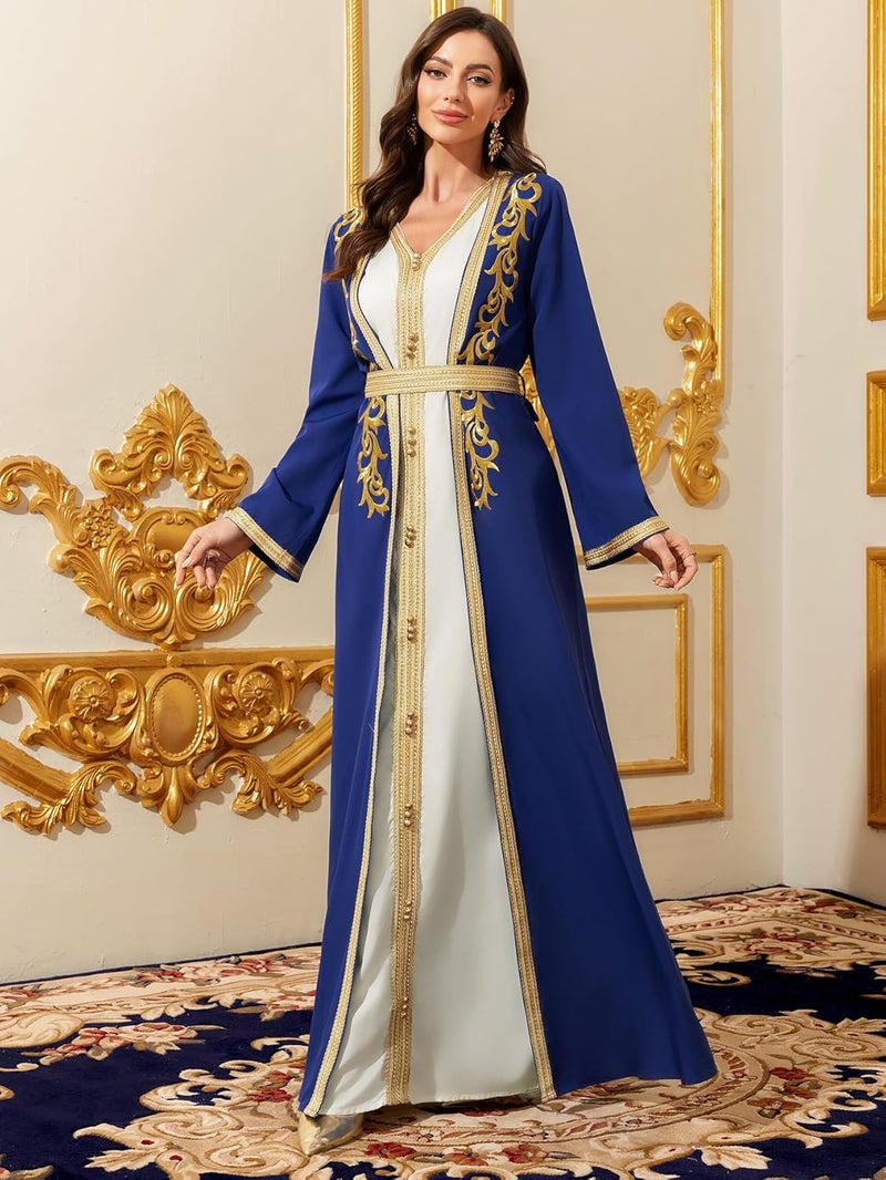 Elegant Royal Blue Muslim Robe with Gold Embroidered Trim - Long Sleeve Maxi Dress - Image 3