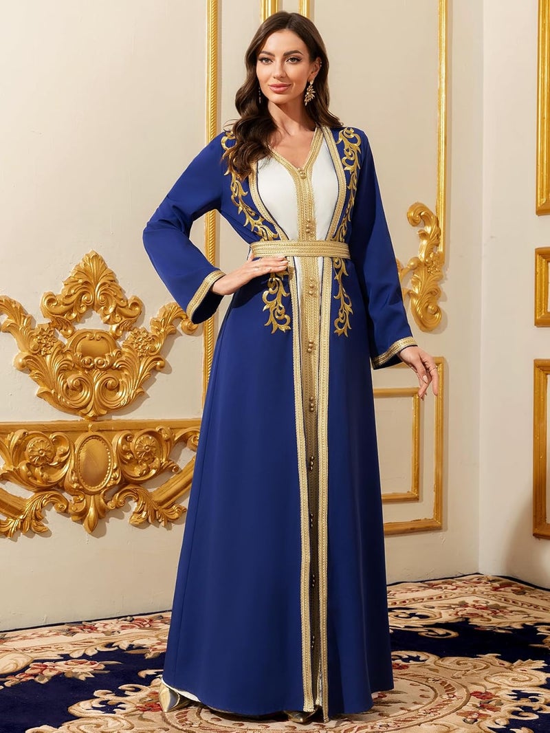 Elegant Royal Blue Muslim Robe with Gold Embroidered Trim - Long Sleeve Maxi Dress - Image 2