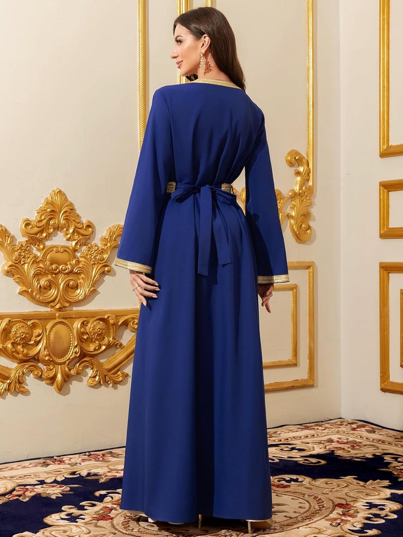 Elegant Royal Blue Muslim Robe with Gold Embroidered Trim - Long Sleeve Maxi Dress - Image 5