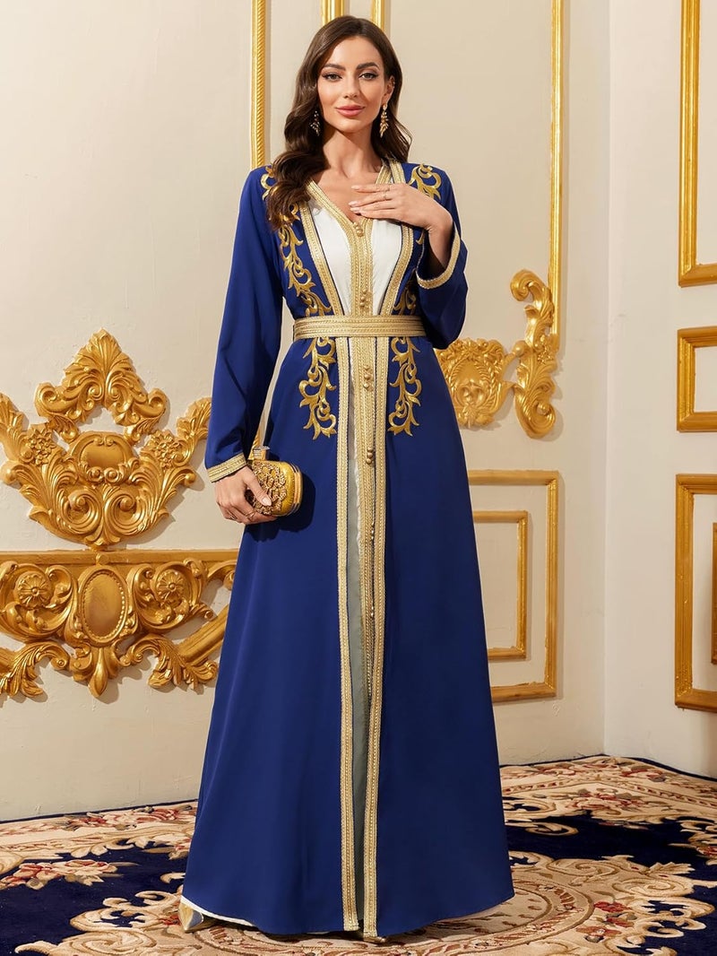 Elegant Royal Blue Muslim Robe with Gold Embroidered Trim - Long Sleeve Maxi Dress - Image 4