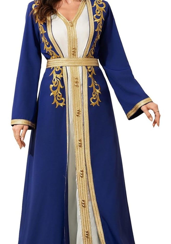 Elegant Royal Blue Muslim Robe with Gold Embroidered Trim - Long Sleeve Maxi Dress - Image 1