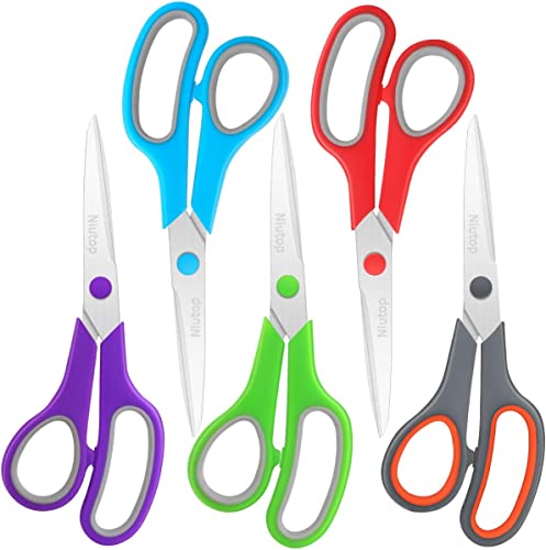 Niutop Scissors Bulk Set of 5-Pack, Niutop 8" Multipurpose Sharp Sewing Craft Fabric Scissors for Office Home High/Middle School Student Office Teacher Art Supplies, Soft Comfort-Grip Right/Left Handles - Image 1