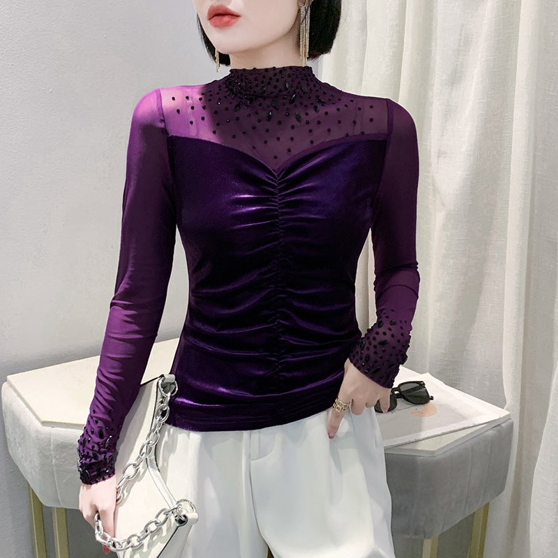 Fashion Beaded Distinctive Sleeves V-Neck T-Shirt Women'S Long Sleeve Design Sense Drilling Stylish Base Shirt - Image 1