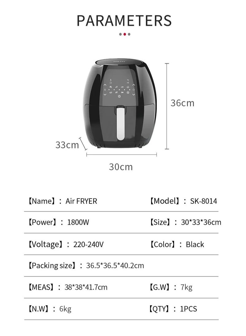 سوكاني مقلاة هوائية صحية من سوكاني SK-8014 سعة 8.0 لتر وقوة 1800 واط - شاشة لمس رقمية، طهي بدون زيت، تقنية الهواء السريع - Image 2