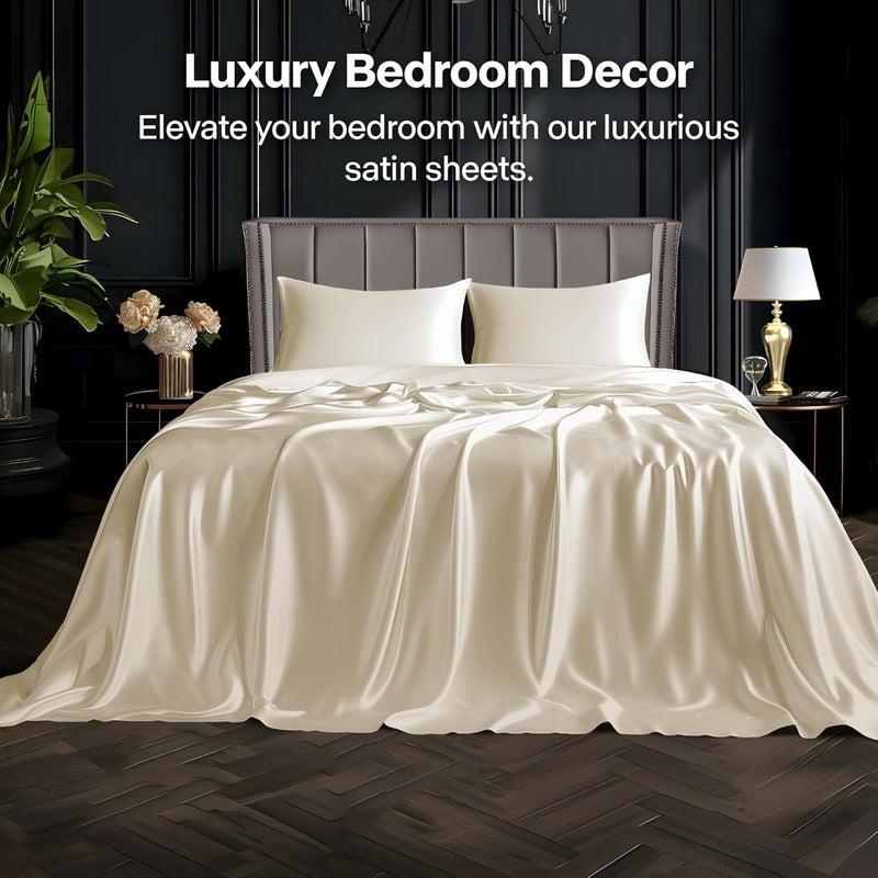 BEDELITE King Size Sheets Set, Luxury Soft Beige Satin Sheets for Hair and Skin, Similar to Silk Bed Sheets Set 4 Pieces with 1 Deep Pocket Fitted Sheet, 1 Flat Sheet, and 2 Pillowcases - Image 2