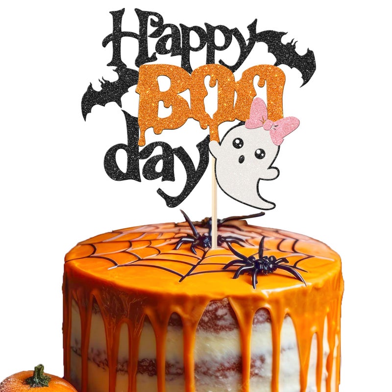 Rsstarxi 1 Pack Happy Boo Day Cake Topper Glitter Little Boo Halloween Party Cake Decoration Spooky Bat Cake Pick for Ghost Halloween Theme Baby Shower Kids Birthday Party Cake Decorations - Image 1