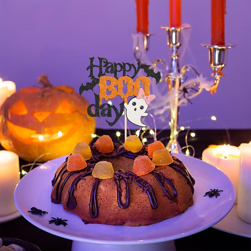 Rsstarxi 1 Pack Happy Boo Day Cake Topper Glitter Little Boo Halloween Party Cake Decoration Spooky Bat Cake Pick for Ghost Halloween Theme Baby Shower Kids Birthday Party Cake Decorations - Image 4