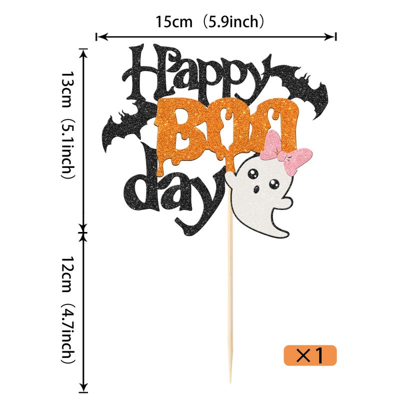 Rsstarxi 1 Pack Happy Boo Day Cake Topper Glitter Little Boo Halloween Party Cake Decoration Spooky Bat Cake Pick for Ghost Halloween Theme Baby Shower Kids Birthday Party Cake Decorations - Image 2