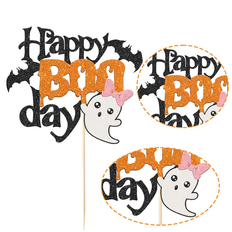 Rsstarxi 1 Pack Happy Boo Day Cake Topper Glitter Little Boo Halloween Party Cake Decoration Spooky Bat Cake Pick for Ghost Halloween Theme Baby Shower Kids Birthday Party Cake Decorations - Image 3
