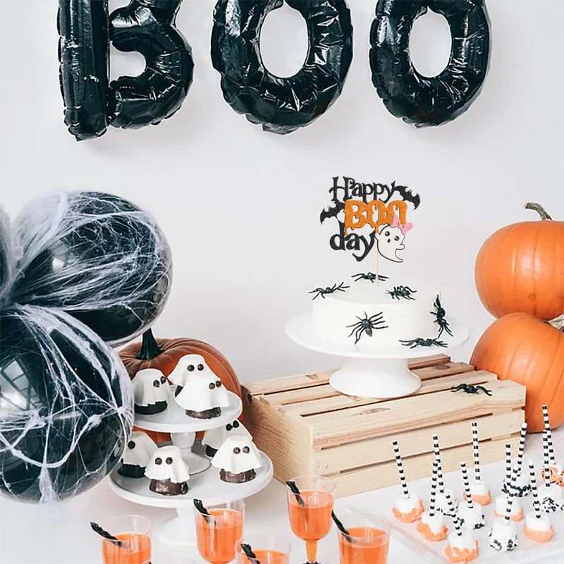 Rsstarxi 1 Pack Happy Boo Day Cake Topper Glitter Little Boo Halloween Party Cake Decoration Spooky Bat Cake Pick for Ghost Halloween Theme Baby Shower Kids Birthday Party Cake Decorations - Image 5