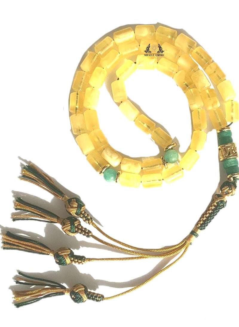 Miracle Empire - Islamic Prayer Beads 45 Amber Kahraman With Natural 6Mm Emeralds 18K Gold Plated Accessories Tasbih Islamic For Man Masbaha Exclusive Long 4 Nest Tassel - Image 1